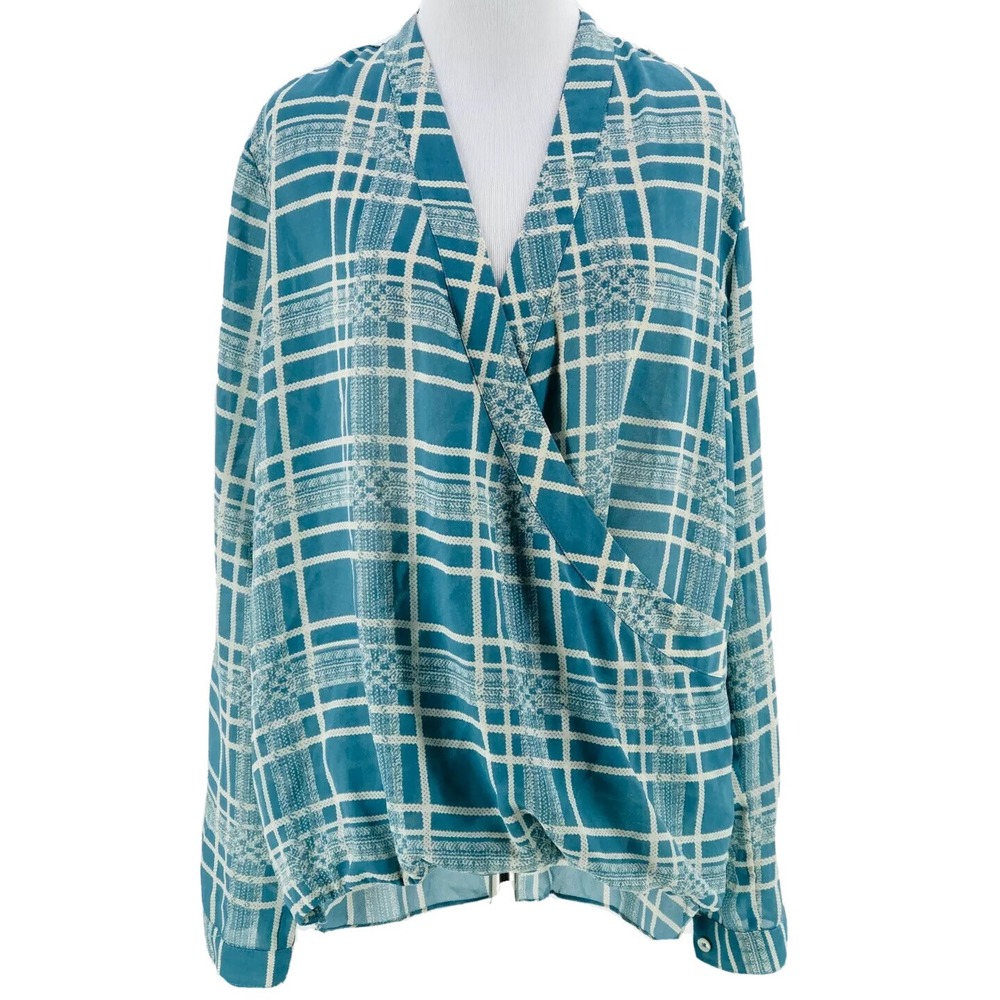 CAbi #3068 Women's Blue Windowpane Print Faux Wrap High-Low Blouse Medium